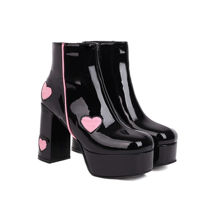 Glossy Round Toe Love Hearts Side Zippers Block Chunky Heel Platform Short Boots for Women