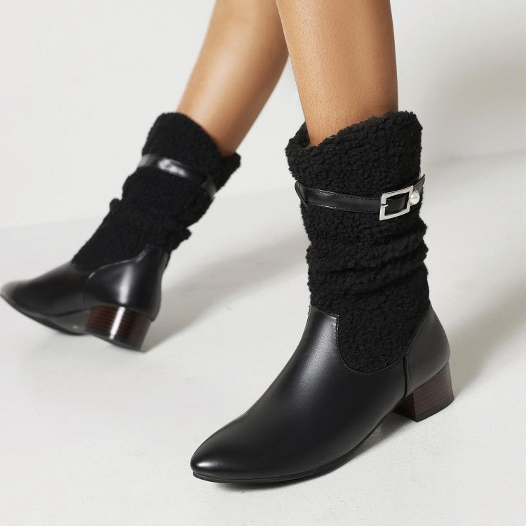 Ladies Pu Leather Pointed Toe Patchwork Low Heel Mid Calf Boots