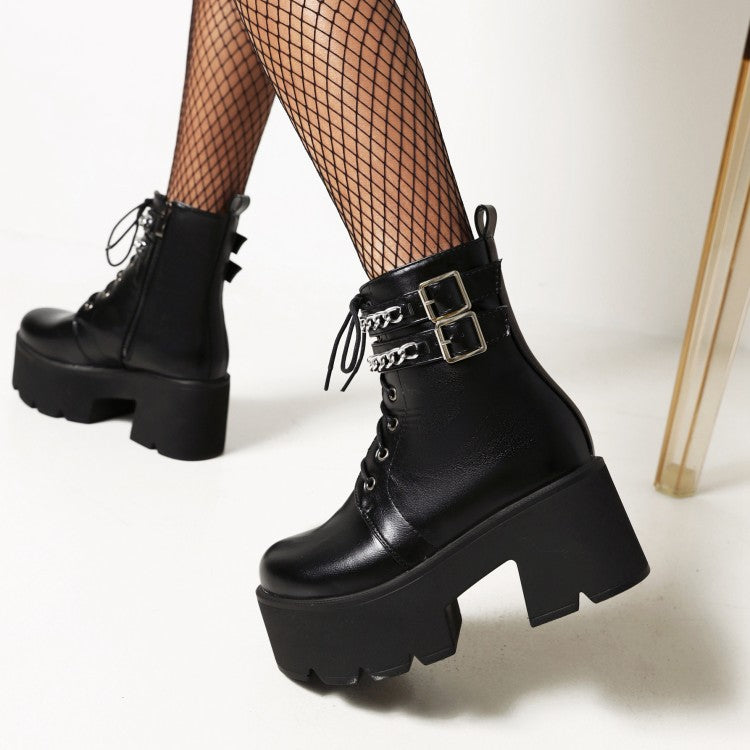 Ladies Square Toe Tied Belts Metal Chains Buckles Block Heel Platform Short Boots