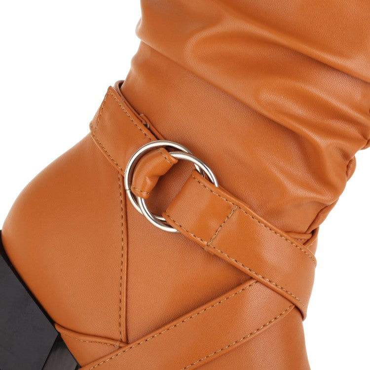 Ladies Pu Leather Belts Buckles Side Zippers Block Heel Knee High Boots