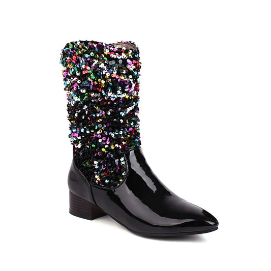 Ladies Glossy Pointed Toe Sequins Patchwork Square Heel Mid Calf Boots