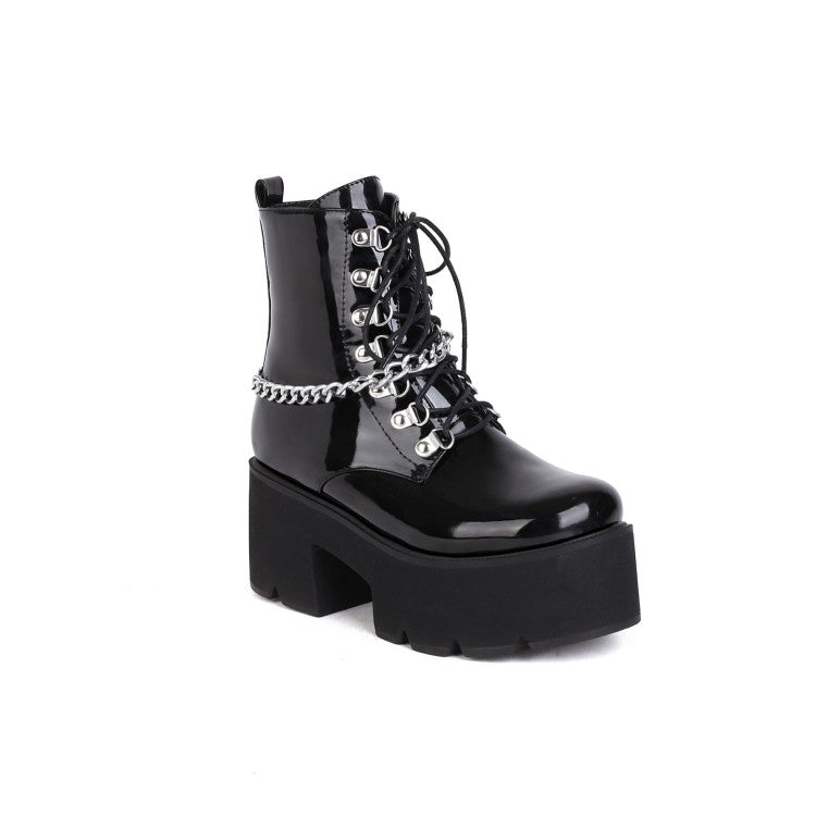Ladies Pu Leather Metal Chains Lace Up Belts Block Heel Platform Short Boots