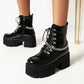 Ladies Pu Leather Metal Chains Lace Up Belts Block Heel Platform Short Boots
