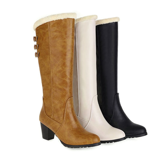 Ladies Suede Stitching Patchwork Belts Buckles Chunky Heel Knee High Boots