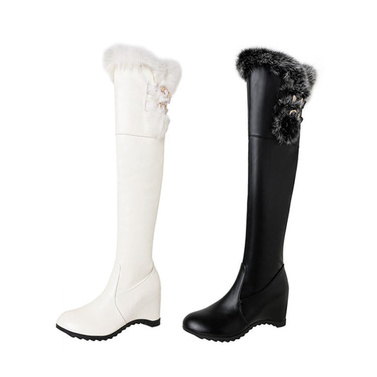 Pu Leather Round Toe Fur Inside Heighten Wedge Heel Over-The-Knee Boots for Women