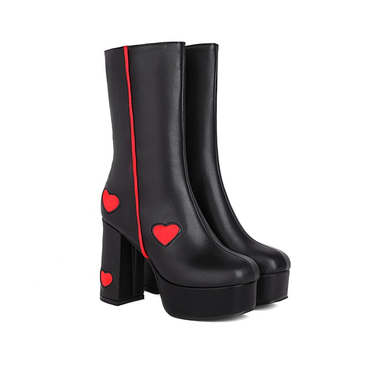 Glossy Round Toe Love Hearts Side Zippers Block Chunky Heel Platform Mid Calf Boots for Women