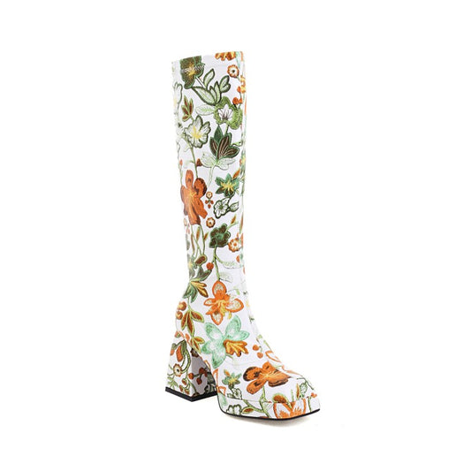 Pu Leather Square Toe Flora Printed Block Chunky Heel Platform Knee High Boots for Women