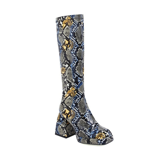 Snake-printed Pu Leather Square Toe Block Chunky Heel Platform Knee High Boots for Women