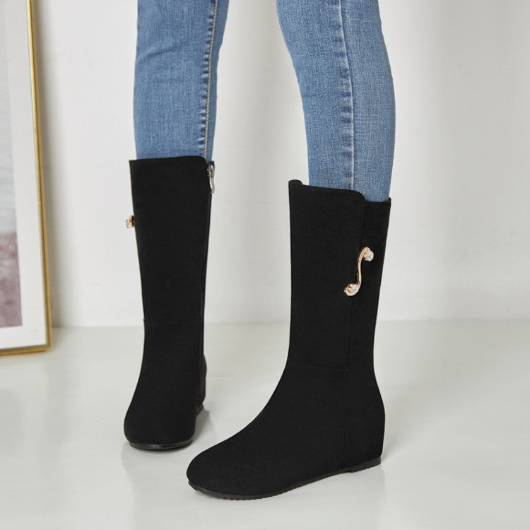 Flock Round Toe Side Zippers Flat Inside Heighten Mid Calf Boots for Women