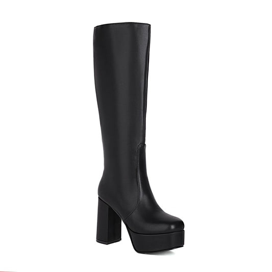 Pu Leather Square Toe Side Zippers Block Chunky Heel Platform Knee High Boots for Women