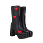 Bicolor Love Hearts Pu Leather Round Toe Side Zippers Block Chunky Heel Platform Mid Calf Boots for Women