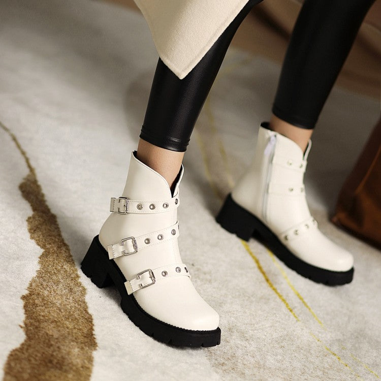 Ladies Pu Leather Rivets Buckles Belts Puppy Heel Short Boots