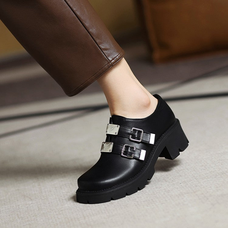 Ladies Pu Leather Buckles Belts Block Heel Platform Chunky Heels Shoes