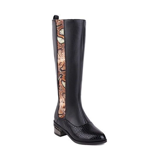 Ladies Snake Printed Patchwork Side Zippers Puppy Heel Knee High Boots