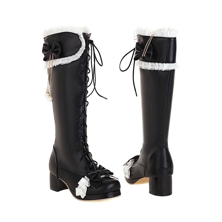 Lace Bow Tie Pearls Tied Straps Block Chunky Heel Knee-High Boots for Women