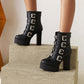 Round Toe Sequins Metal Buckle Straps Block Chunky Heel Platform Mid-Calf Boots for Women
