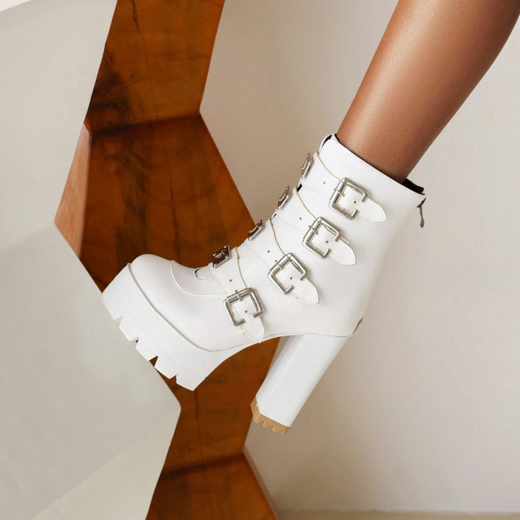 Round Toe Sequins Metal Buckle Straps Block Chunky Heel Platform Mid-Calf Boots for Women
