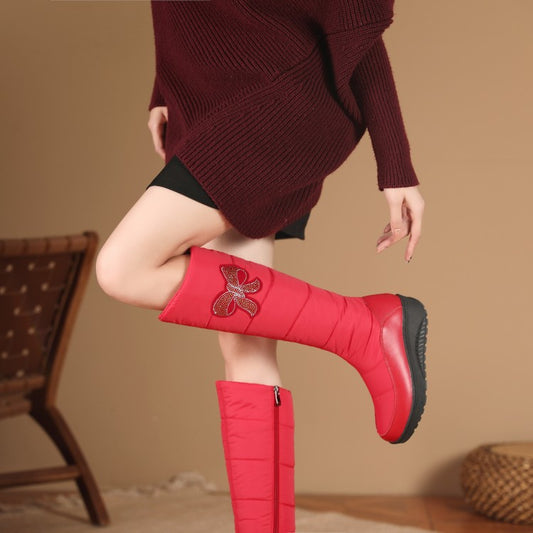 Ladies Waterproof Rhinestones Zipper Wedge Heels Down Tall Boots for Winter