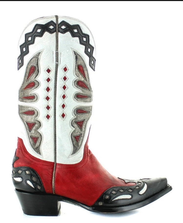 Ladies Ethnic Patchwork Pointed Toe Puppy Heel Cowboy Mid Calf Boots