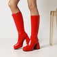 Glossy Square Toe Side Zippers Block Chunky Heel Platform Knee High Boots for Women