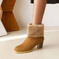 Ladies Fold Suede Stitching Patchwork Fur Chunky Heel Short Boots