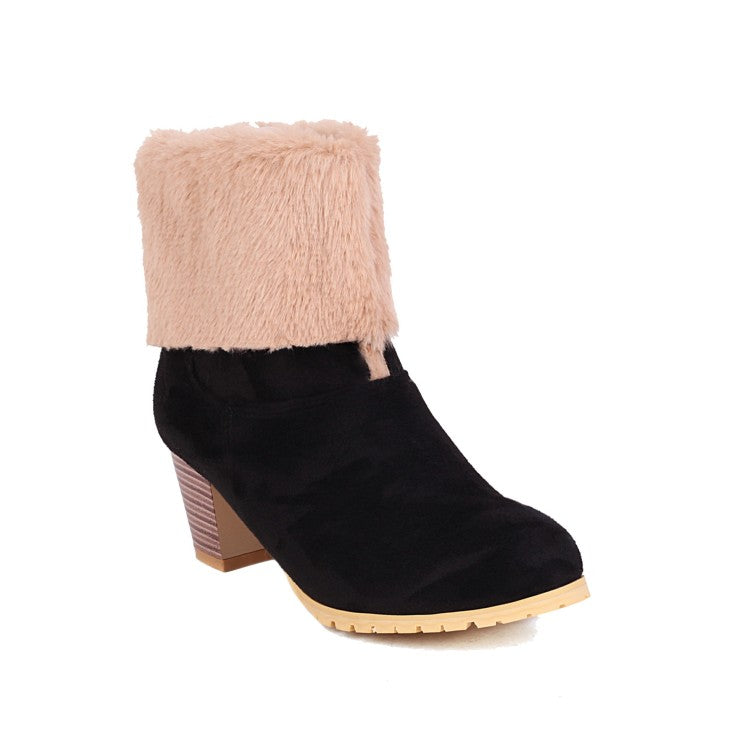 Ladies Fold Suede Stitching Patchwork Fur Chunky Heel Short Boots