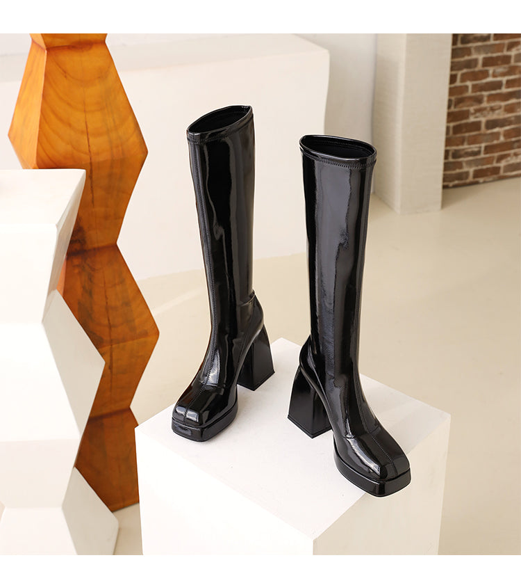 Glossy Square Toe Chunky Heel Platform Knee-High Boots for Women