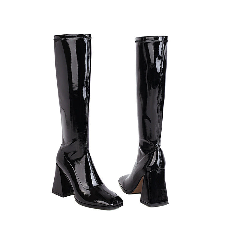 Glossy Square Toe Chunky Heel Knee-High Boots for Women