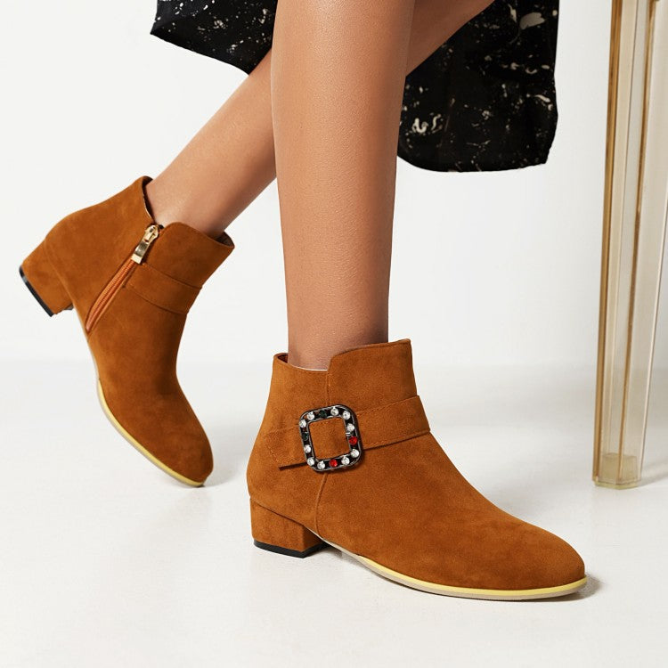 Flock Round Toe Side Zippers Rhinestone Buckle Straps Block Chunky Heel Short Boots for Women