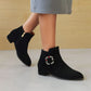 Flock Round Toe Side Zippers Rhinestone Buckle Straps Block Chunky Heel Short Boots for Women