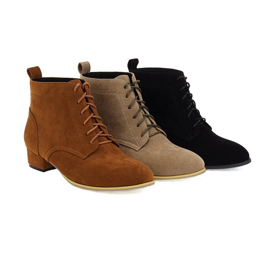 Flock Round Toe Lace Up Block Chunky Heel Short Boots for Women