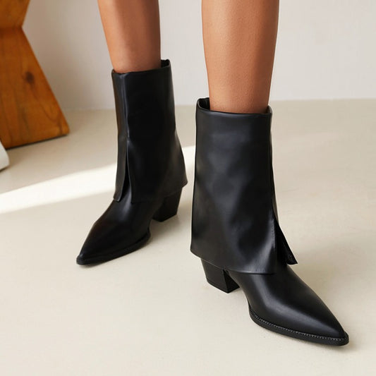 Pu Leather Pointed Toe Block Heel Short Boots for Women