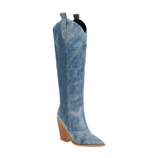 Denim Pointed Toe Block Chunky Heel Cowboy Knee High Boots for Women