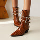 Crocodile Pattern Pointed Toe Rivets Block Heel Mid Calf Boots for Women