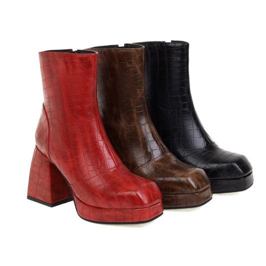 Ladies Pattern Pu Leather Square Toe Side Zippers Block Heel Platform Short Boots