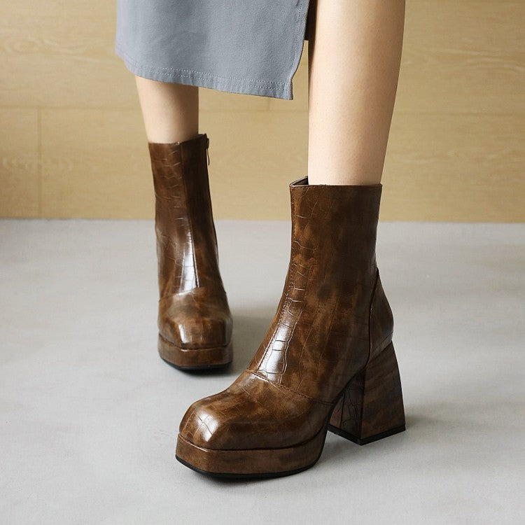 Ladies Pattern Pu Leather Square Toe Side Zippers Block Heel Platform Short Boots