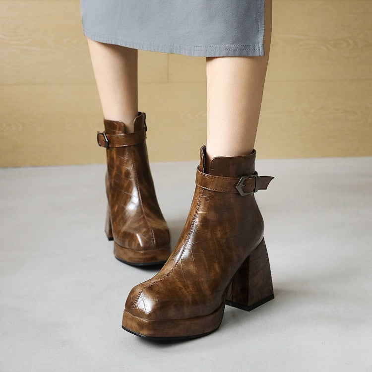 Ladies Pattern Pu Leather Square Toe Buckles Belts Block Heel Platform Short Boots