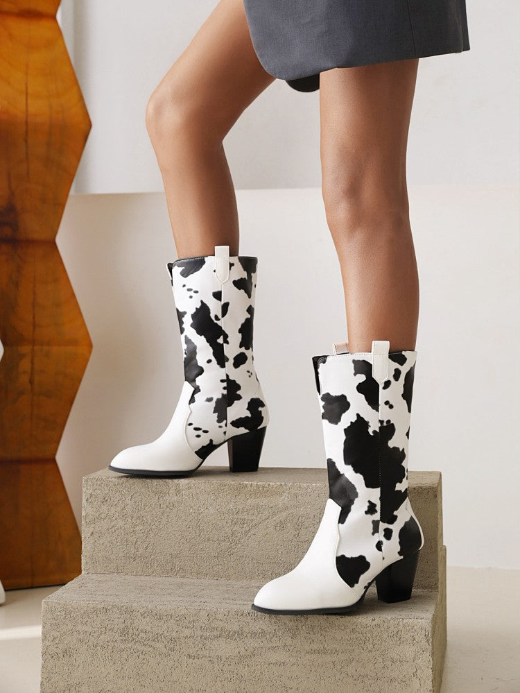Pu Leather Pointed Toe Cow Block Chunky Heel Mid Calf Boots for Women