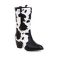Pu Leather Pointed Toe Cow Block Chunky Heel Mid Calf Boots for Women