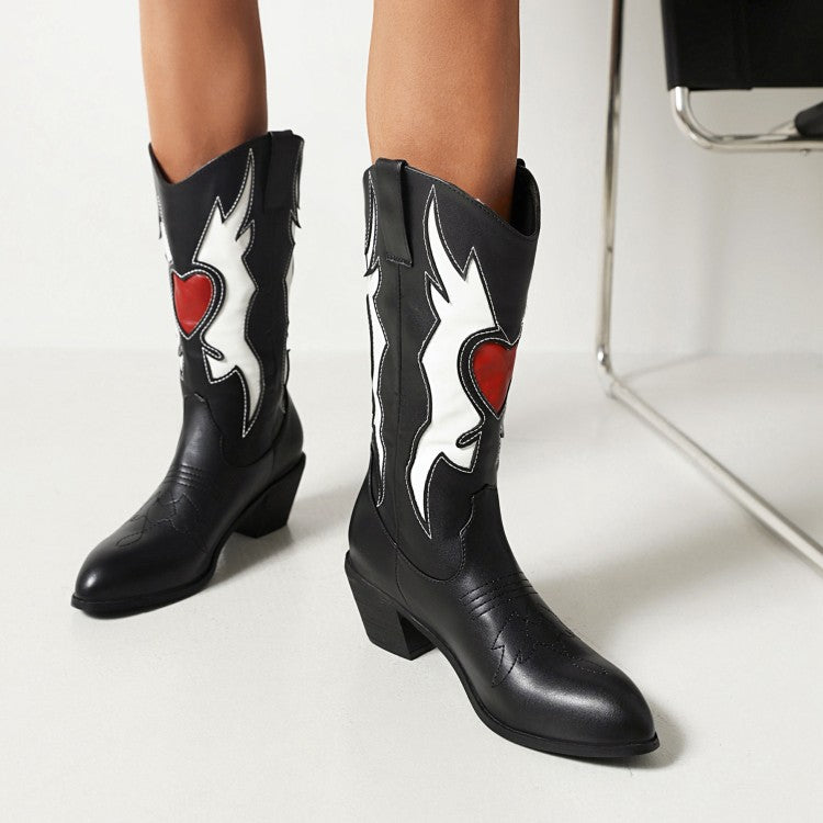 Ladies Ethnic Printed Pointed Toe Block Heel Mid Calf Boots