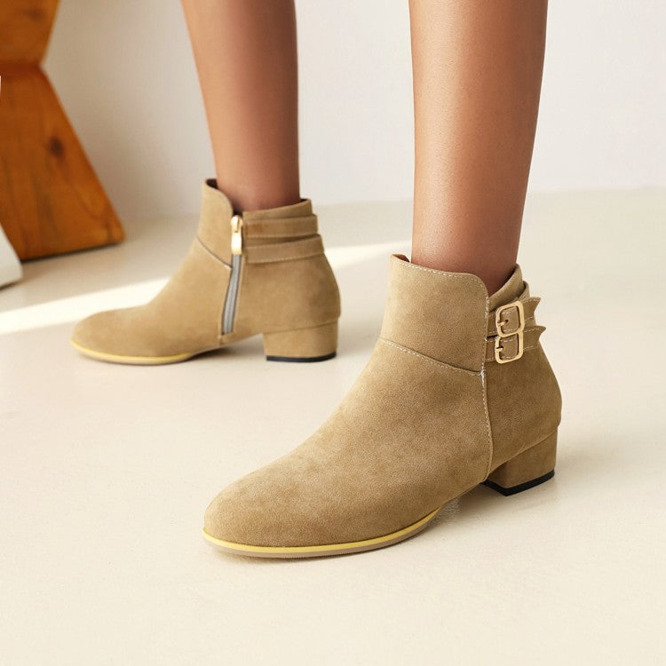 Flock Round Toe Side Zippers Double Buckle Straps Block Chunky Heel Short Boots for Women