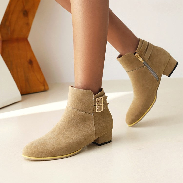 Flock Round Toe Side Zippers Double Buckle Straps Block Chunky Heel Short Boots for Women