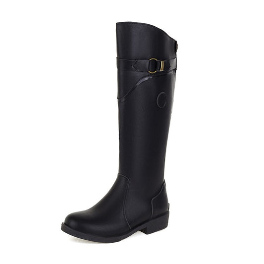 Round Toe Buckle Straps Knee High Boots for Women