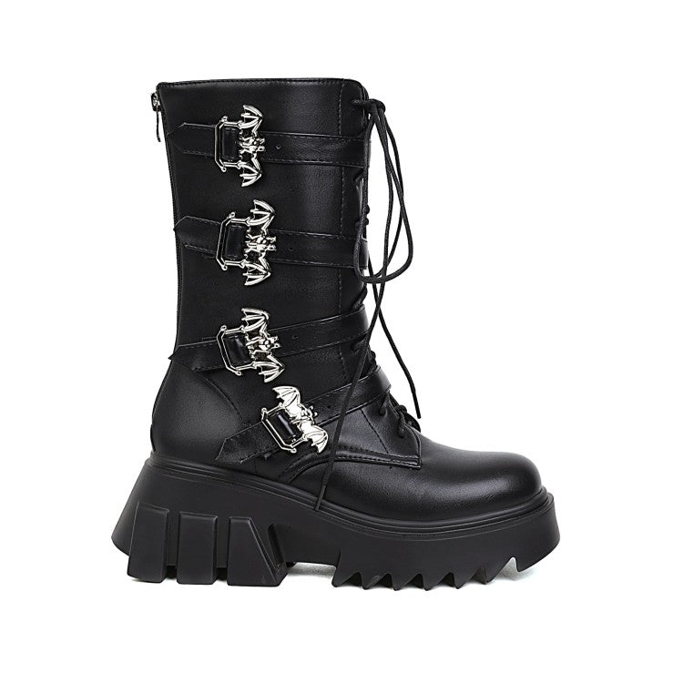 Pu Leather Round Toe Metal Buckle Straps Lace Up Block Chunky Heel Platform Mid-calf Boots for Women