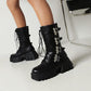 Pu Leather Round Toe Metal Buckle Straps Lace Up Block Chunky Heel Platform Mid-calf Boots for Women