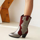 Bicolor Patent Flock Patchwork Block Chunky Heel Mid Calf Boots for Women