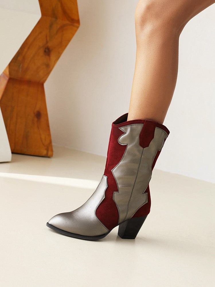 Bicolor Patent Flock Patchwork Block Chunky Heel Mid Calf Boots for Women