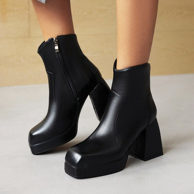 Ladies Pu Leather Stitching Side Zippers Block Heel Platform Short Boots