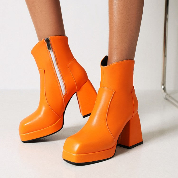 Ladies Pu Leather Stitching Side Zippers Block Heel Platform Short Boots
