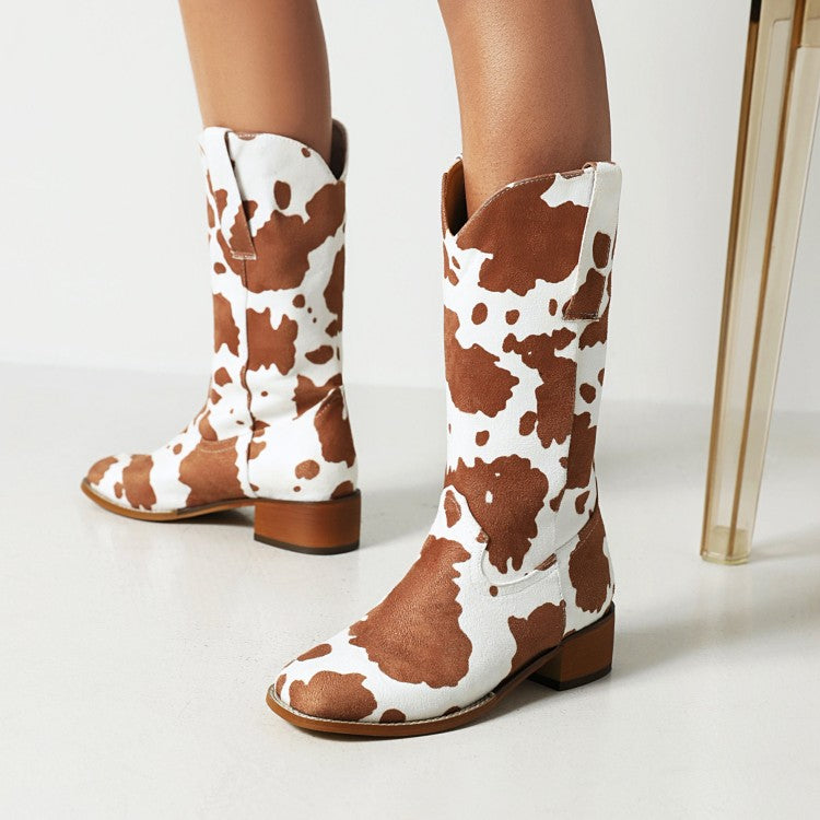 Ladies Printed Block Heel Cowboy Mid Calf Boots